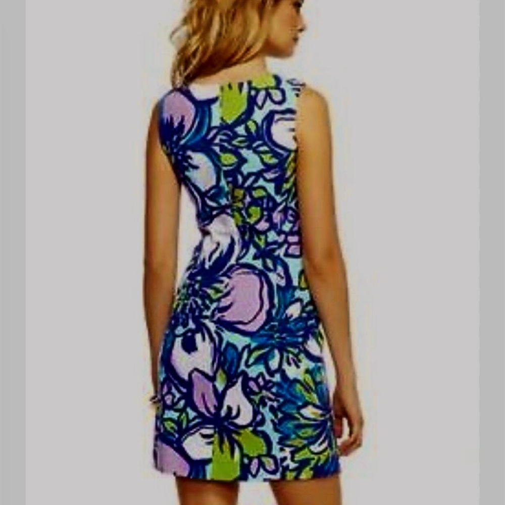 Lilly Pulitzer Sleeveless Blue & Violet Floral Shift Dress w/Embroidered Neck - Picture 2 of 12